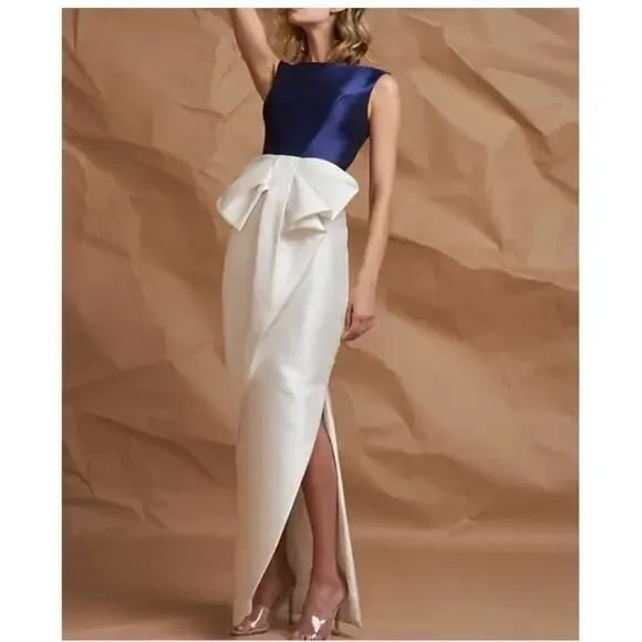 Kay Unger Hailey Colorblock Sleeveless 3D Bow Side Slit Navy Ivory Dress Size 10 - Picture 1 of 15